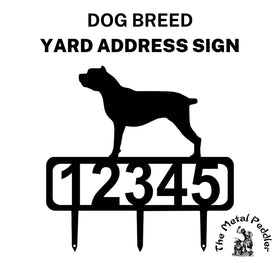 Cane Corso address sign featuring customizable numbers and three stakes at the bottom for easy lawn mounting.