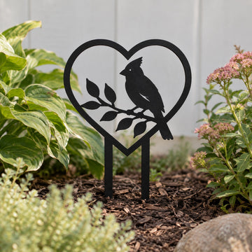 Cardinal in Heart Memorial Garden Stake – Metal Cemetery Decoration