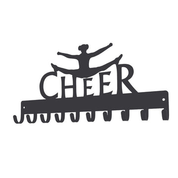 A medal hanger with a cheerleader doing a split jump over the word CHEER. It has 10 hooks for hanging medals.