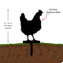 Silhouette of a rooster on a stand with ground level indicated, labeled 'Cut from American Steel'.