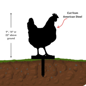 Silhouette of a rooster on a stand with ground level indicated, labeled 'Cut from American Steel'.