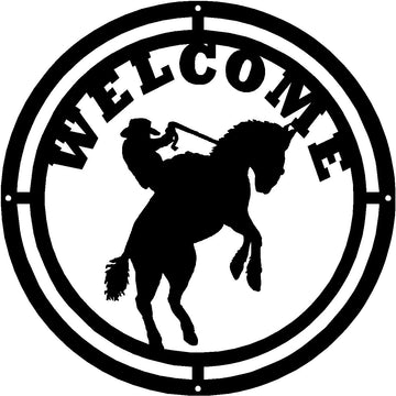 Cowboy & Bronco Mustang inside Round Sign "Welcome" written in top curve