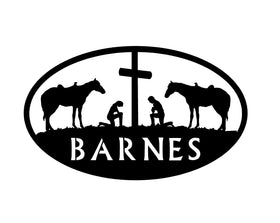 Logo with silhouettes of horses, people, and a cross, featuring the name 'Barnes'.