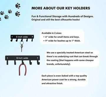 Available in 2 sizes of wall mounted key holders and leash hangers.