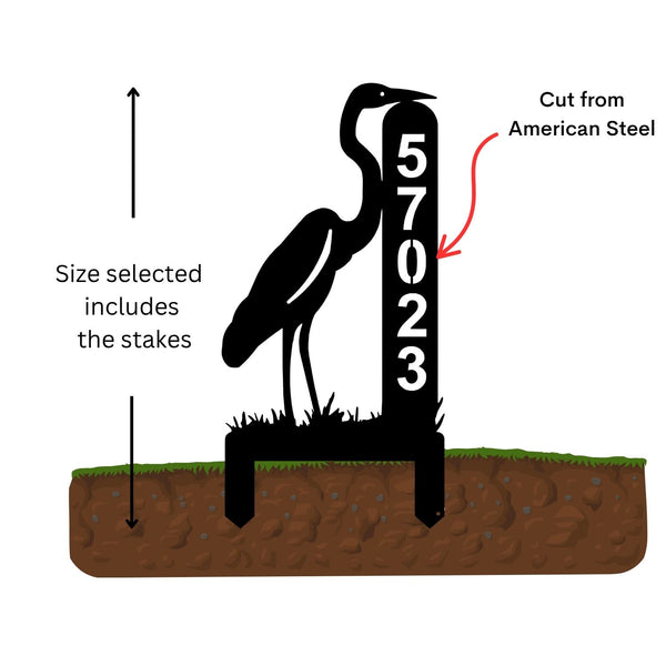 Illustration of a metal sign with a heron design and numbers, set on a white background.