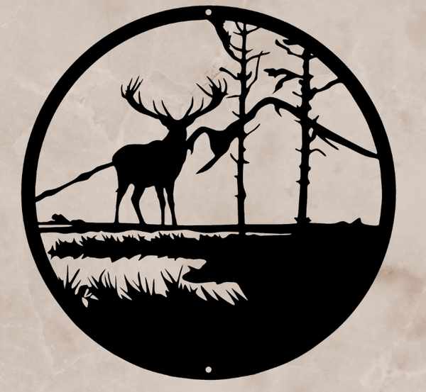 Circle with an Elk and trees with a mountain background- Elk in the Mountains - Metal Wall Art