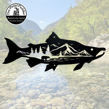 Salmon Fish Wall Art with Beautiful Mountain & Bear Scene