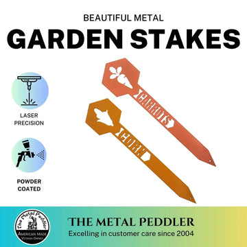 Garden plant stakes to identify vegetables, Carrots and Corn stakes are shown.