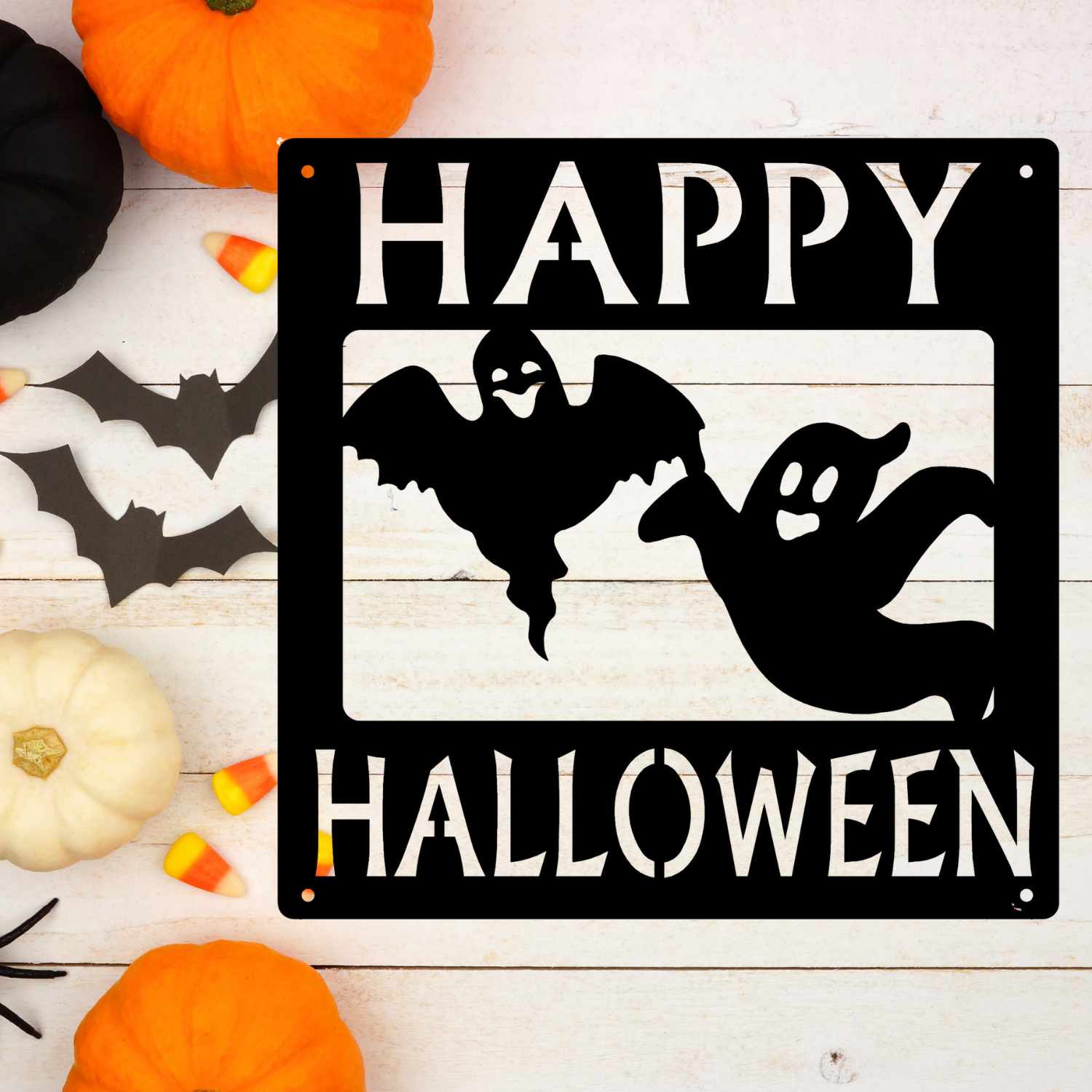 Happy Halloween sign with metal ghosts