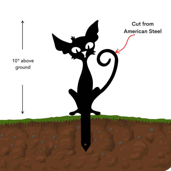 Black cat-shaped metal stake with dimensions and text on a white background