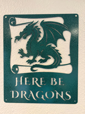 Decorative sign with a dragon design and 'Here be Dragons' text on a teal background.