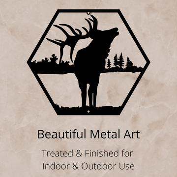 Hexagon with Elk and Tree Background-Bellowing Elk Metal Wall Art