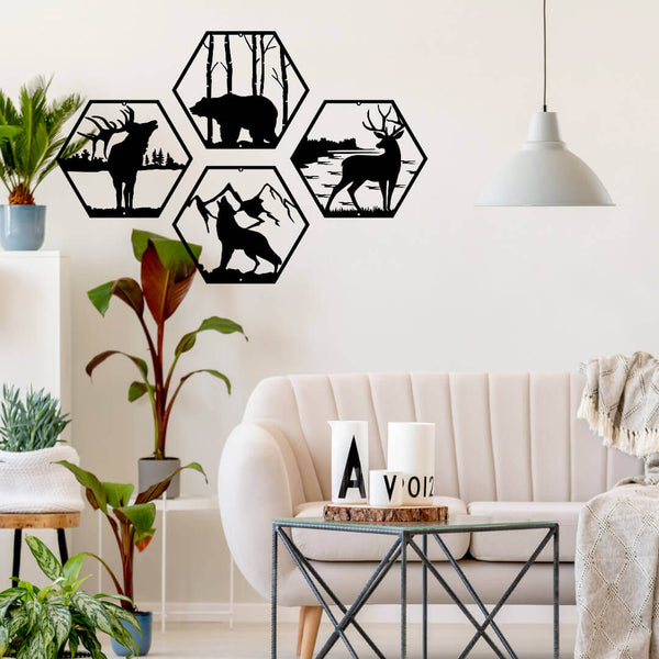 Hexagon with Bear and Tree Background-Hexagon with Elk and Tree Background-Hexagon with howling wolf and mountain background- Hexagon with Buck and Lake Background- Metal Art