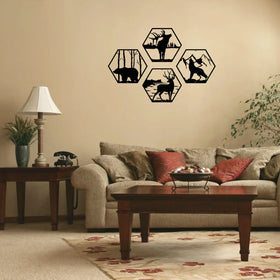 Hexagon with Bear and Tree Background-Hexagon with Elk and Tree Background-Hexagon with howling wolf and mountain background- Hexagon with Buck and Lake Background-Wildlife Hexagon Silhouette Wall Art