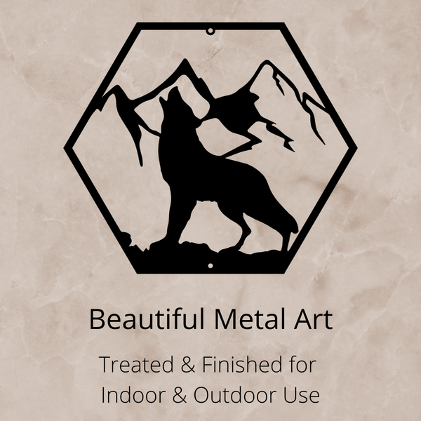 Hexagon with howling wolf and mountain background-Howling Wolf Metal Wall Art