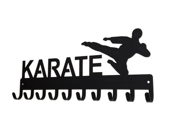10 hook medal rack with "Karate" and figure in flying sidekick form 
