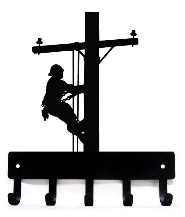 Lineman/ Lineworker Key Rack with 5 Hooks and the silhouette of a lineman climbing a pole.