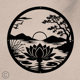 Decorative metal wall art with a nature scene featuring a lotus flower, tree, and mountains on a beige background.