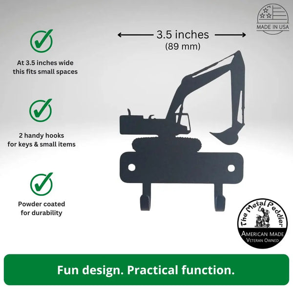 Excavator mini key rack/Leash holder with 2 hooks. Occupations, trades, transportation, construction vehicle