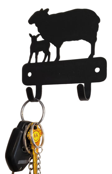 Miniature key hanger with 2 hooks and a cut out sheep & lamb