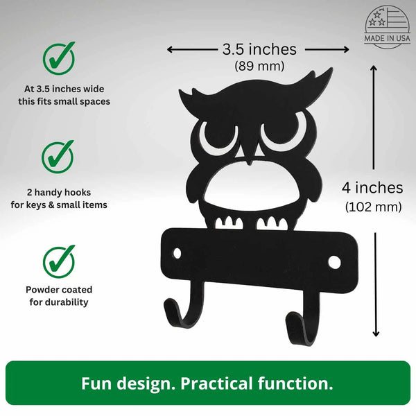 Owl Mini Key Rack with 2 hooks | Made in the USA | The Metal Peddler