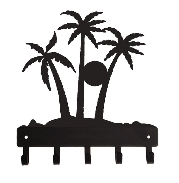 Palm Tree & Setting Sun Silhouettes cut from steel, coated black, with 5 hooks for hanging keys.