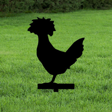 Black silhouette yard sign of a polish chicken on grass