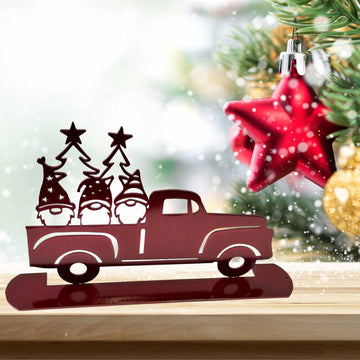 Red truck with gnomes and Christmas trees
