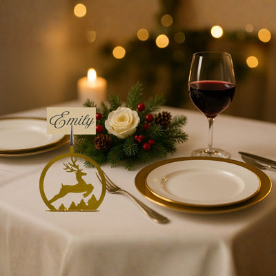Dining table setting with a glass of red wine, place card, and decorative elements on a softly blurred background.