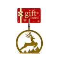 Gold reindeer ornament with a red 'gift card' sign on a white background