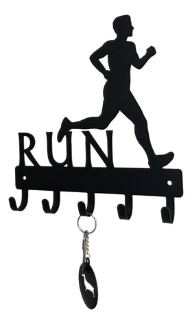 Black silhouette of a running person with 'RUN' text and key hooks on a white background