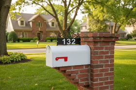 A white mailbox mounted on a red brick pillar in a suburban lawn, with a black house number sign reading 132 above it. Trees, grass, and a house are visible in the background.