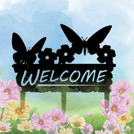 Metal Sign with 2 Butterflies and the word welcome laser cut. with 3 stakes for the yard