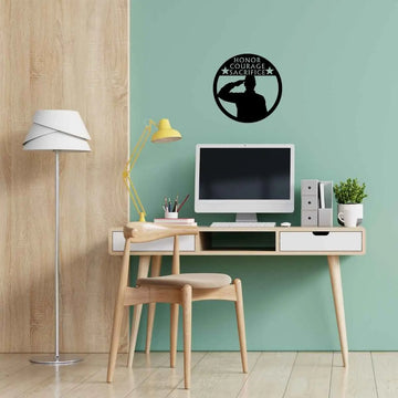 Round Saluting Soldier - Honor Courage Sacrifice Wall Art Sign - The Metal Peddler Wall Art armed forces, army, dad, hero, military, round signs, signs, soldier, veteran, wall art, wall decor