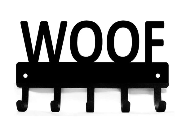 "WOOF" in Caps on bar Key Rack/ Leash Hanger with 5 hooks