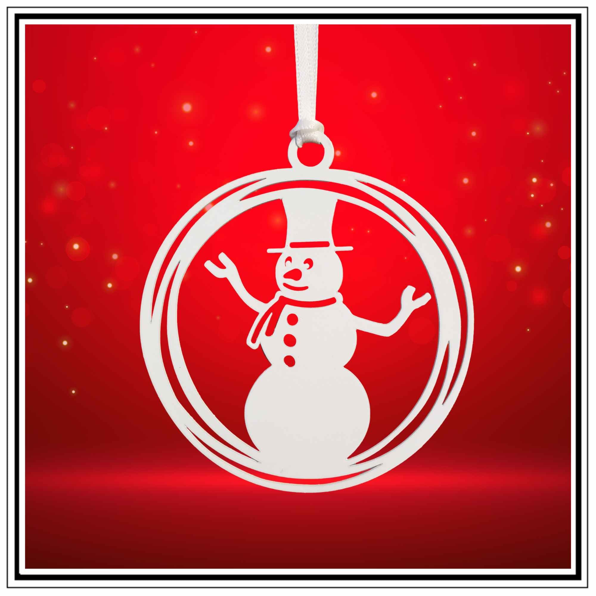 White metal snowman in a circle with ribbon to hang from a tree.