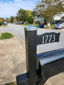 This 4x4 stainless steel post cap on a black mailbox post and address post looks fresh and modern.
