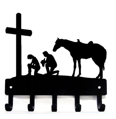 Cowboy & Cowgirl kneeling at the Cross - Key Rack with hooks - The Metal Peddler Key Rack Christian, cowboy, cross, faith, key rack, western