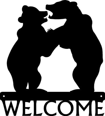 2 Bear Cubs Standing on Hind Legs Playing Welcome Sign - The Metal Peddler Welcome Signs bear, porch, Welcome sign