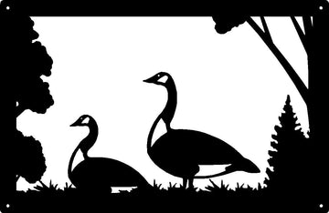 Canadian Geese- one laying one standing- Trees on either side- Wall Art Sign 17x11 - The Metal Peddler 17x11, bird, geese, wall art, wildlife
