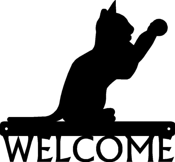 Cat sitting with front paws stretched up Welcome Sign - The Metal Peddler Welcome Signs cat, cat 15, porch, Welcome sign