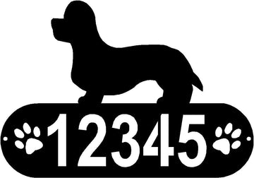 Cylindrical shape with Address numbers and a paw print on each side cut out- Dandie Dinmont Terrier Silhouette on top-Dandie Dinmont Terrier Dog PAWS House Address Sign - The Metal Peddler Address Signs address sign, breed, Dandie Dinmont Terrier, Dog, Dog Signs, Name plaque, Personalized Signs, personalizetext