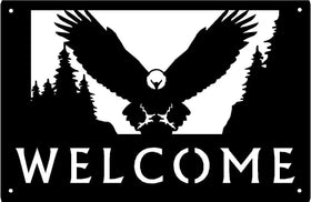 Eagle Flying front view with pine tree background Welcome Sign 17x11 - The Metal Peddler Welcome Signs 17x11, bird, eagle, porch, Welcome sign