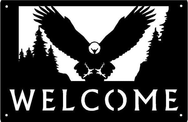 Eagle Flying front view with pine tree background Welcome Sign 17x11 - The Metal Peddler Welcome Signs 17x11, bird, eagle, porch, Welcome sign