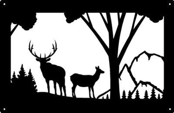 Elk Bull and Cow in Forest with Mountain Background Wall Art Sign 17x11 - The Metal Peddler 17x11, elk, mountain, wildlife