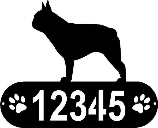 Cylindrical shape with Address numbers and a paw print on each side cut out- French Bulldog Silhouette on top- PAWS House Address Sign or Name Plaque - The Metal Peddler Address Signs address sign, breed, Dog, Dog Signs, French Bulldog, Name plaque, Personalized Signs, personalizetext