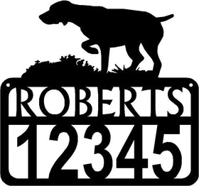 Personalized Dog Sign with Name & house numbers: German Shorthaired Pointer on Point - The Metal Peddler Welcome Signs Address Sign, breed, Dog, German Shorthaired Pointer, GSP, House sign, on point, Personalized Signs, personalizetext, porch