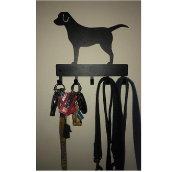 Labrador Dog Key Rack/ Leash Hanger with 5 Hooks and several leashes and keys hanging off it.