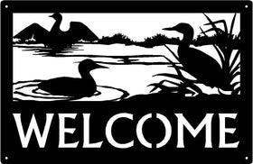 Lake scene with 3 loons- One landing on the water- One Floating- One in Grass- Welcome Sign 17x11 - The Metal Peddler Welcome Signs 17x11, bird, lake, loon, porch, waterfowl, Welcome sign