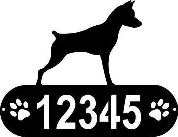 Cylindrical shape with Address numbers and a paw print on each side cut out- Miniature Pinscher Silhouette on top-Miniature Pinscher PAWS House Address Sign or Name Plaque - The Metal Peddler Address Signs address sign, breed, Dog, Dog Signs, Miniature Pinscher, Name plaque, Personalized Signs, personalize text